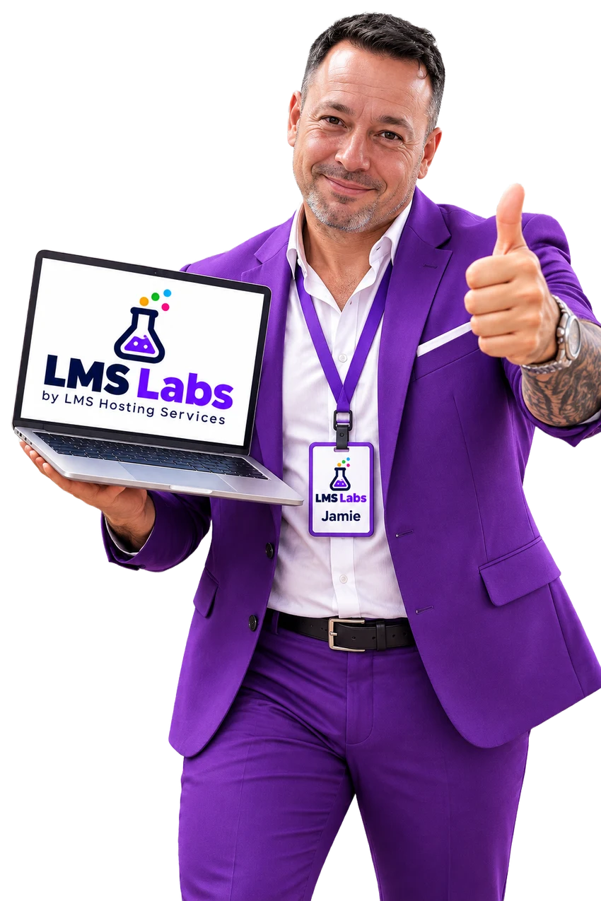 LMS Labs representative in a purple suit holding a branded laptop and giving a thumbs-up